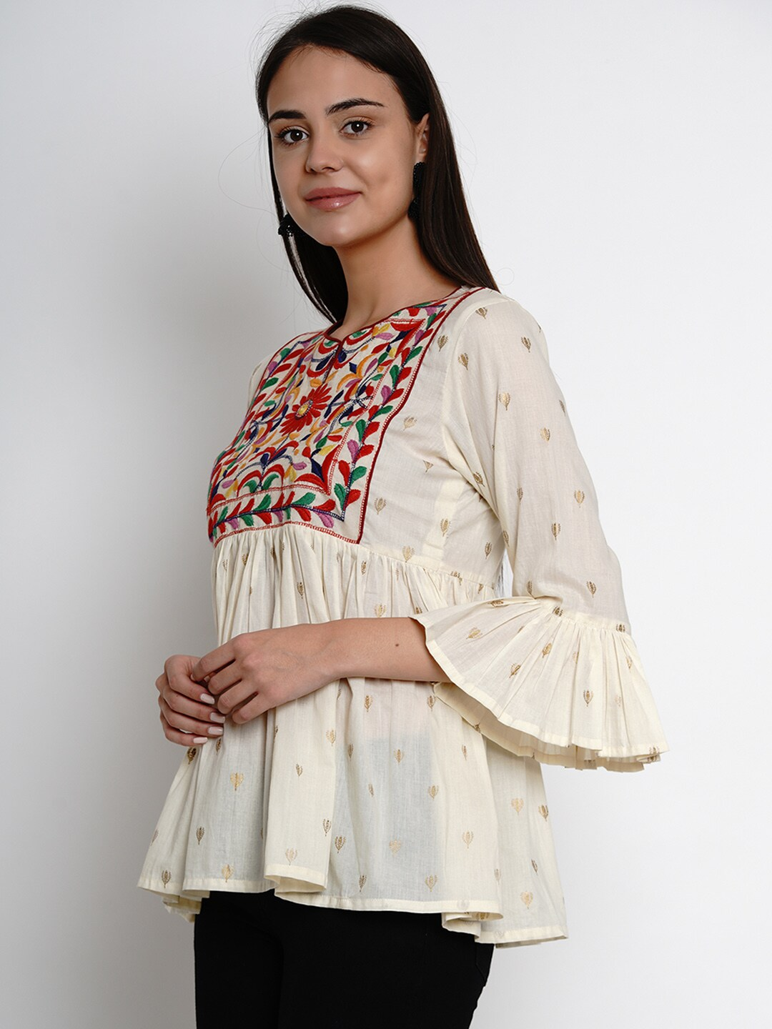 Women's  Off-White & Red Embroidered Peplum Top - Wahe-NOOR