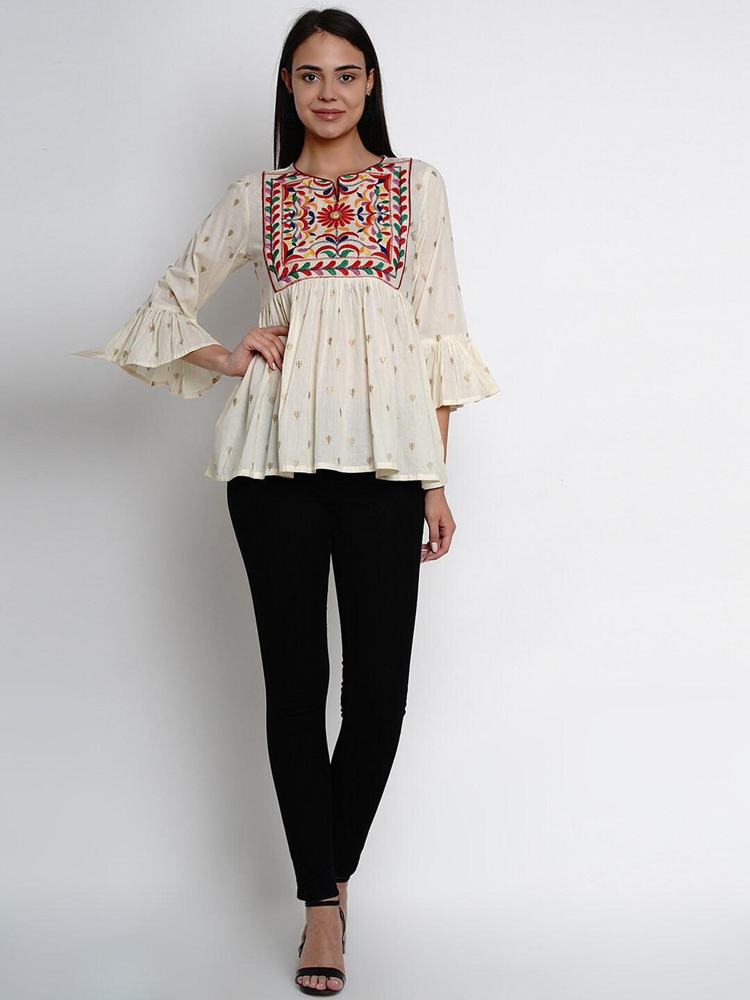 Women's  Off-White & Red Embroidered Peplum Top - Wahe-NOOR