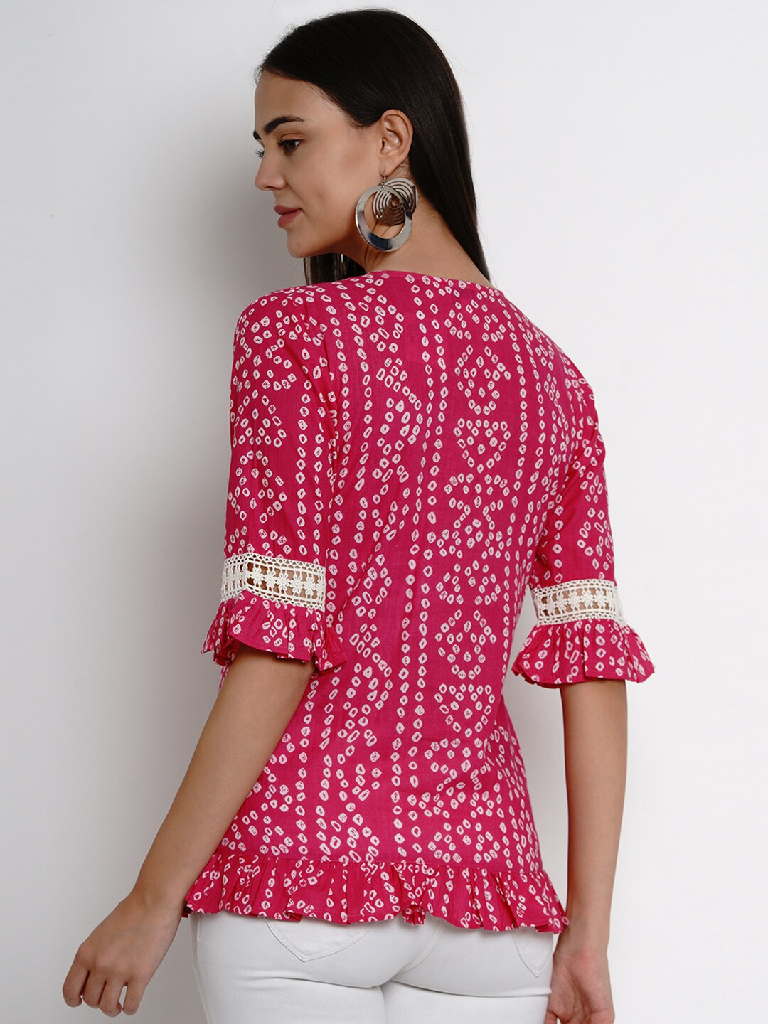 Women's  Pink Bandhini Print Frill Detail Top - Wahe-NOOR