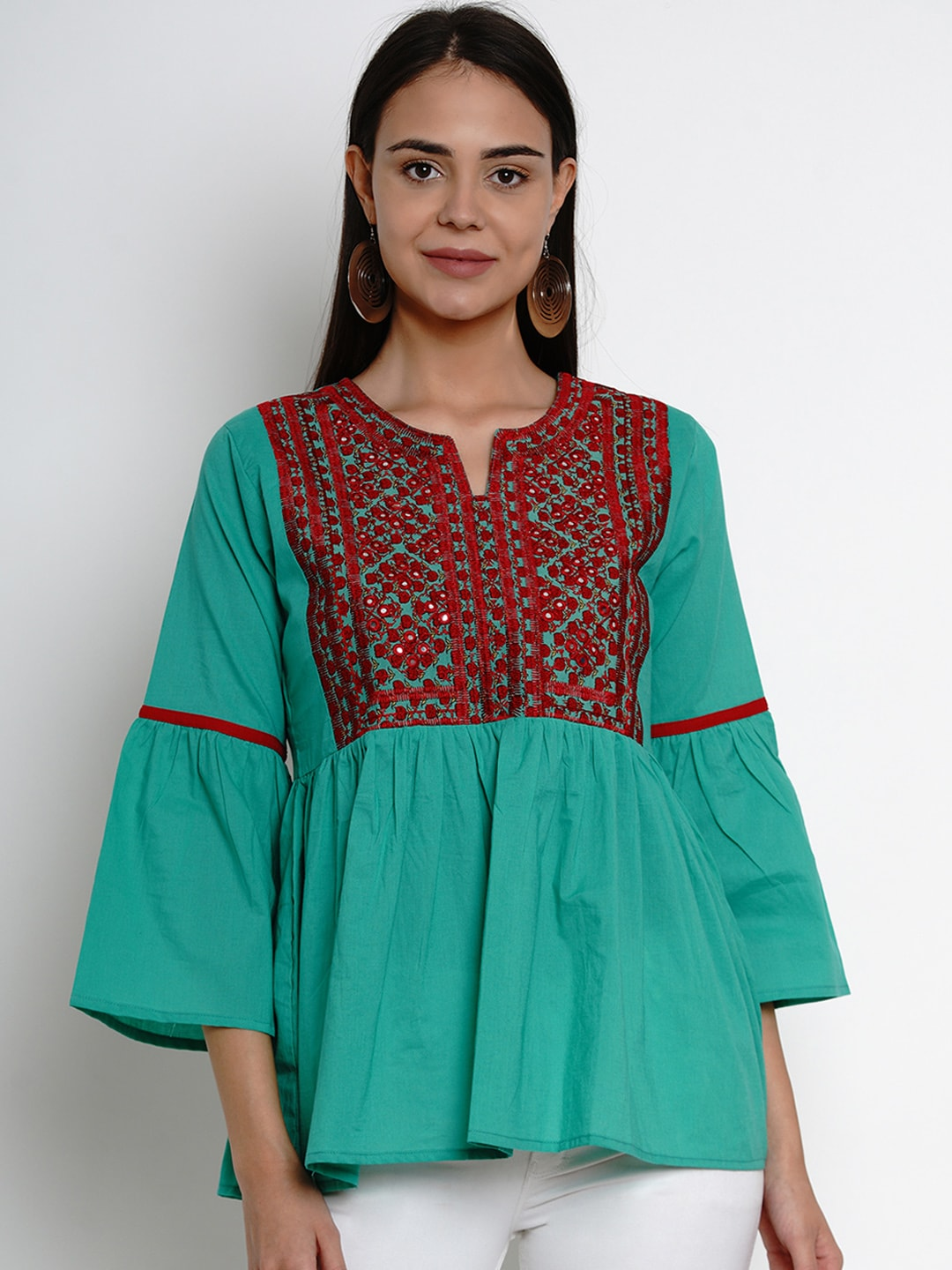 Women's  Sea Green & Red Embroidered Top - Wahe-NOOR