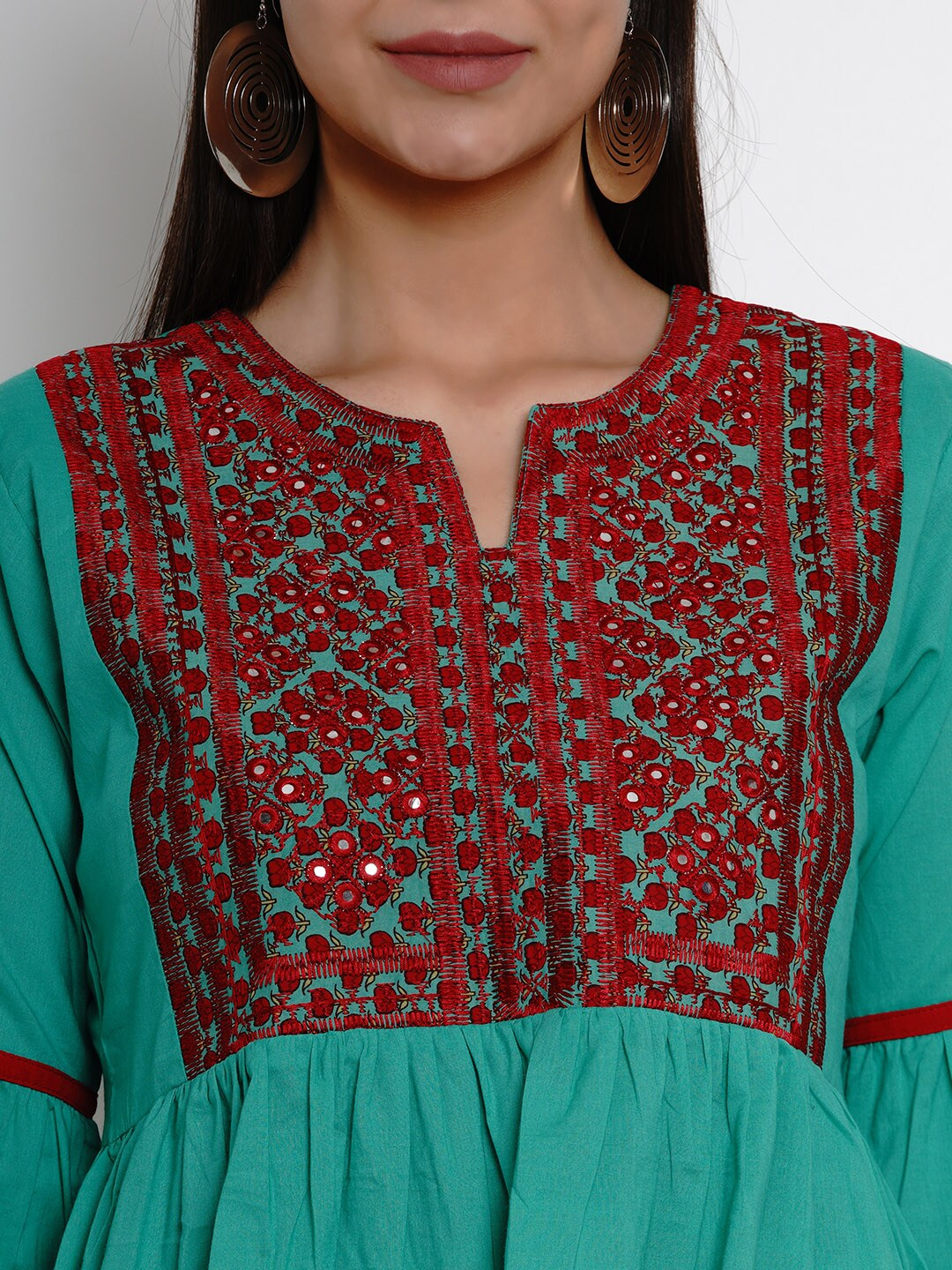 Women's  Sea Green & Red Embroidered Top - Wahe-NOOR