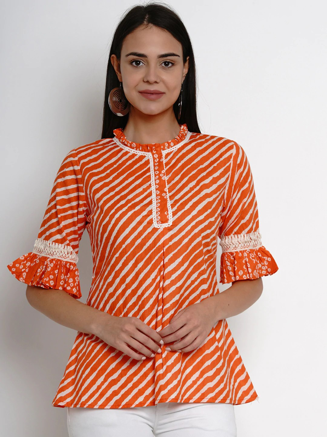 Women's  Orange & White Leheriya Print A-Line Top - Wahe-NOOR