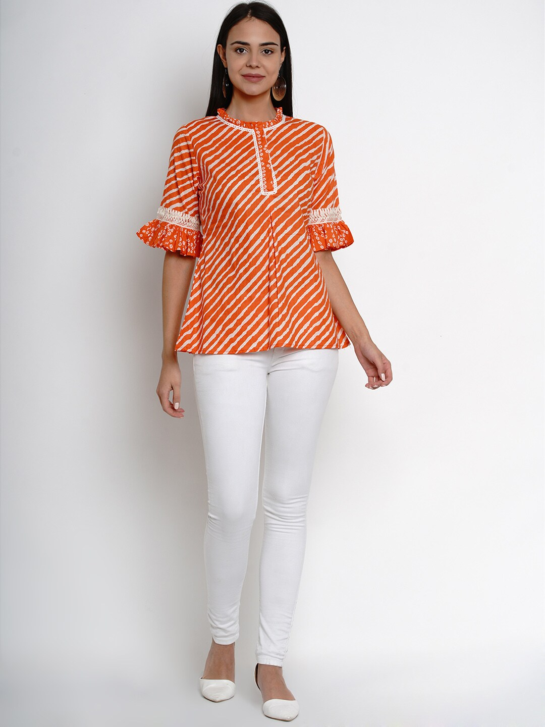 Women's  Orange & White Leheriya Print A-Line Top - Wahe-NOOR