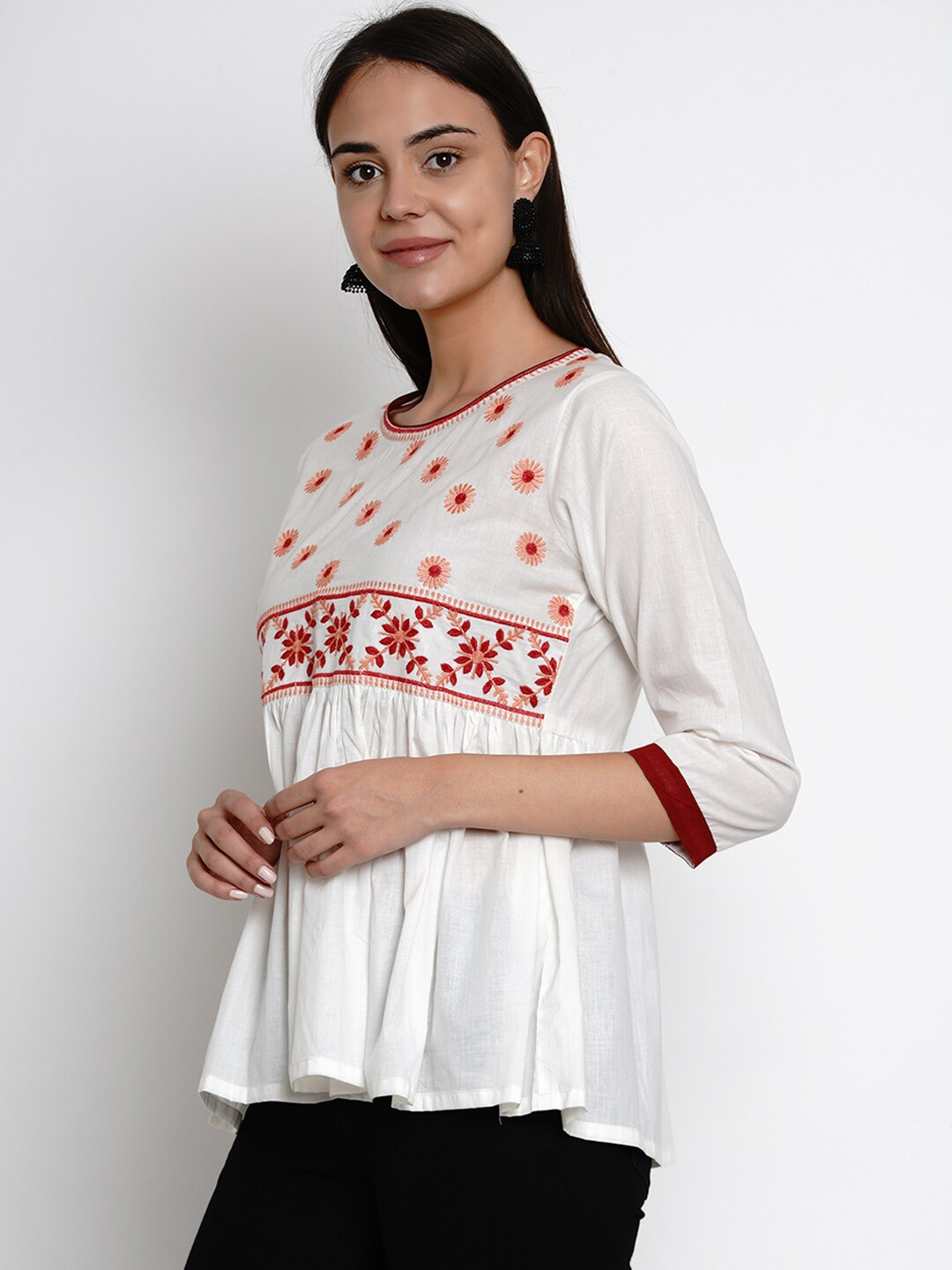 Women's  White Embroidered Peplum Top - Wahe-NOOR