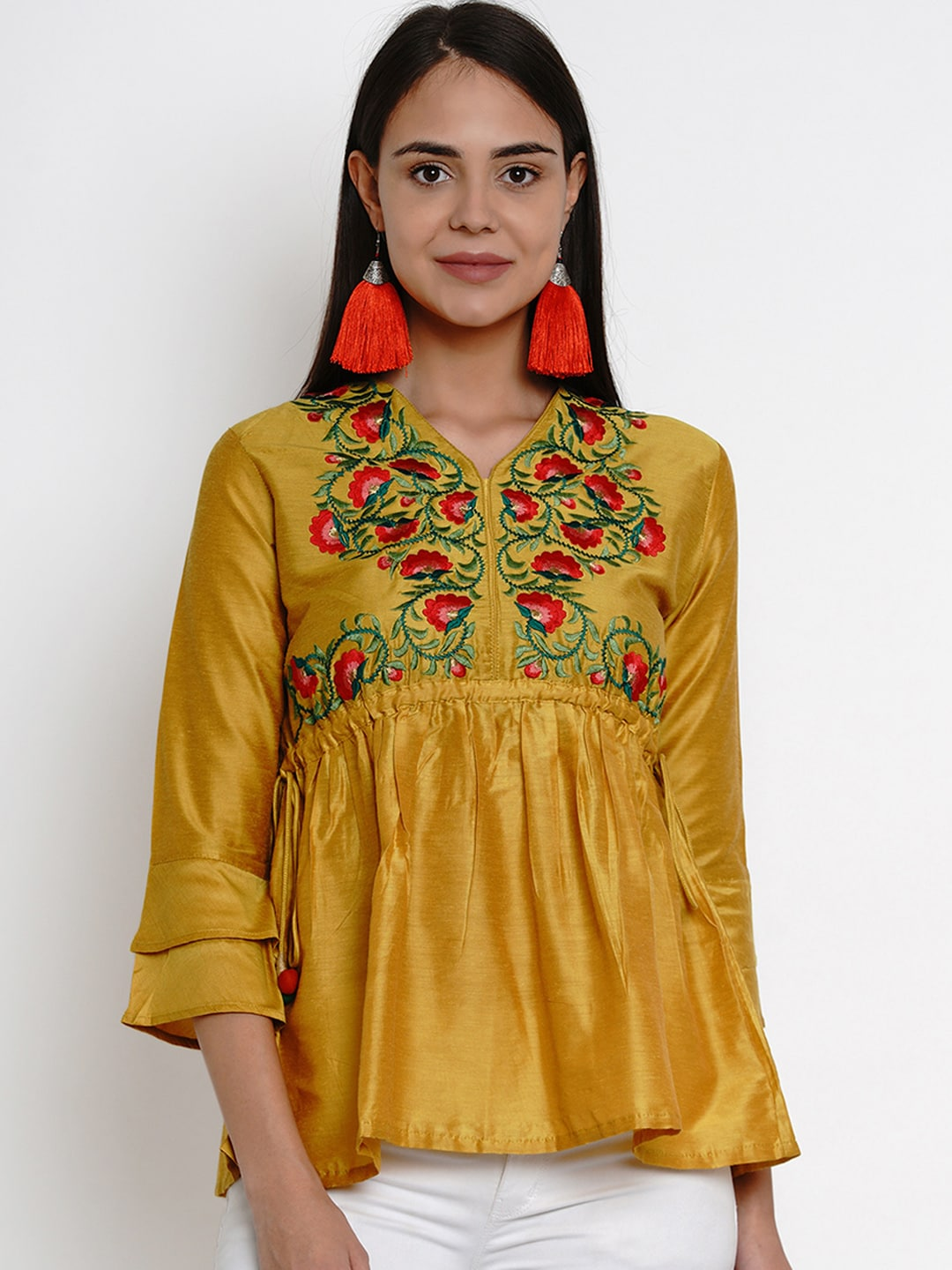 Women's  Mustard Yellow Embroidered Top - Wahe-NOOR