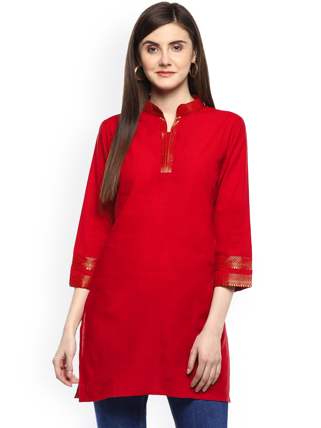 Women's  Red Handloom Mangalgiri Solid Tunic - Wahe-NOOR