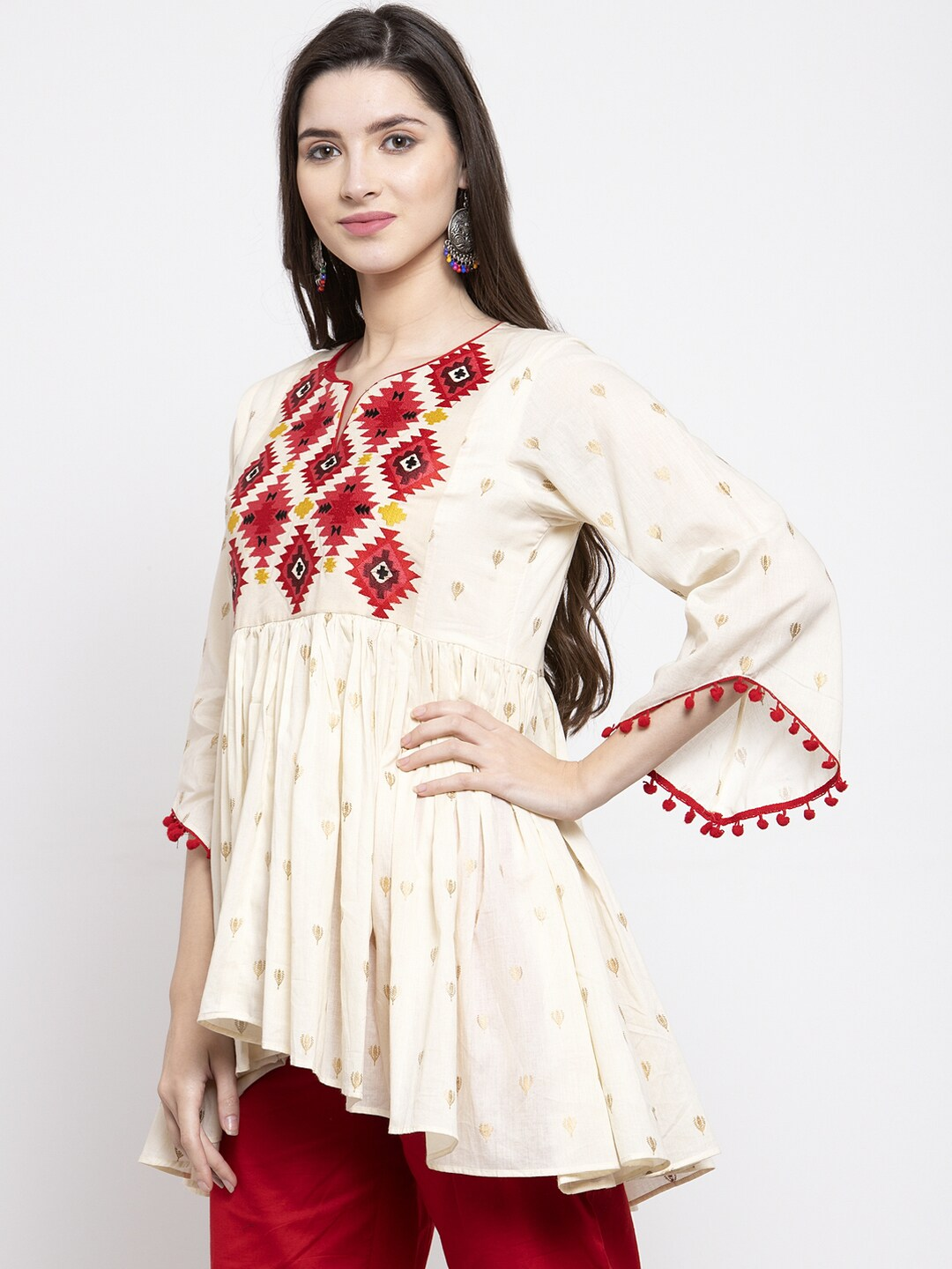 Women's  Off-White & Red Printed Tunic - Wahe-NOOR