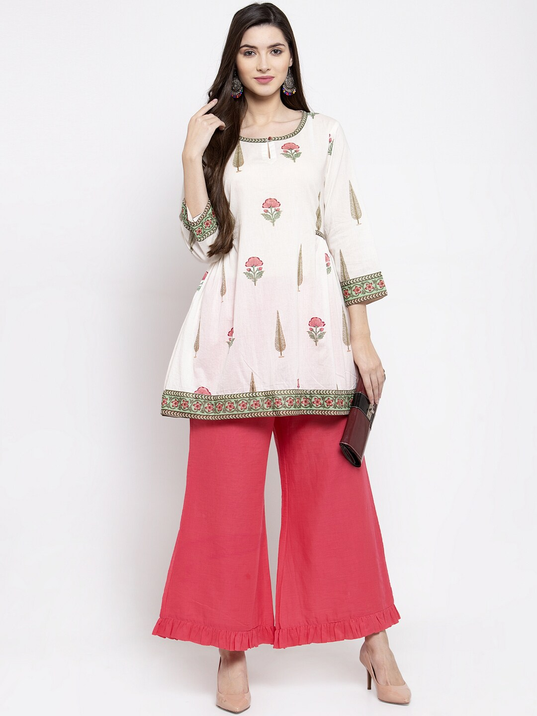 Women's  Off-White & Green Printed Tunic - Wahe-NOOR