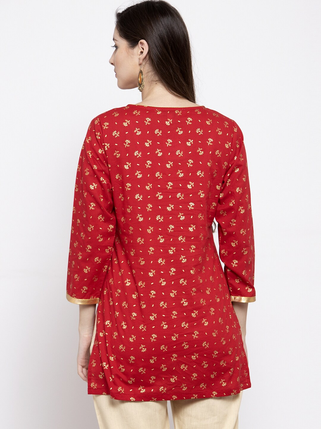 Women's  Red & Golden Foil Print Tunic - Wahe-NOOR