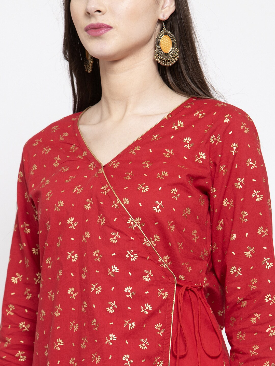 Women's  Red & Golden Foil Print Angrakha Tunic - Wahe-NOOR
