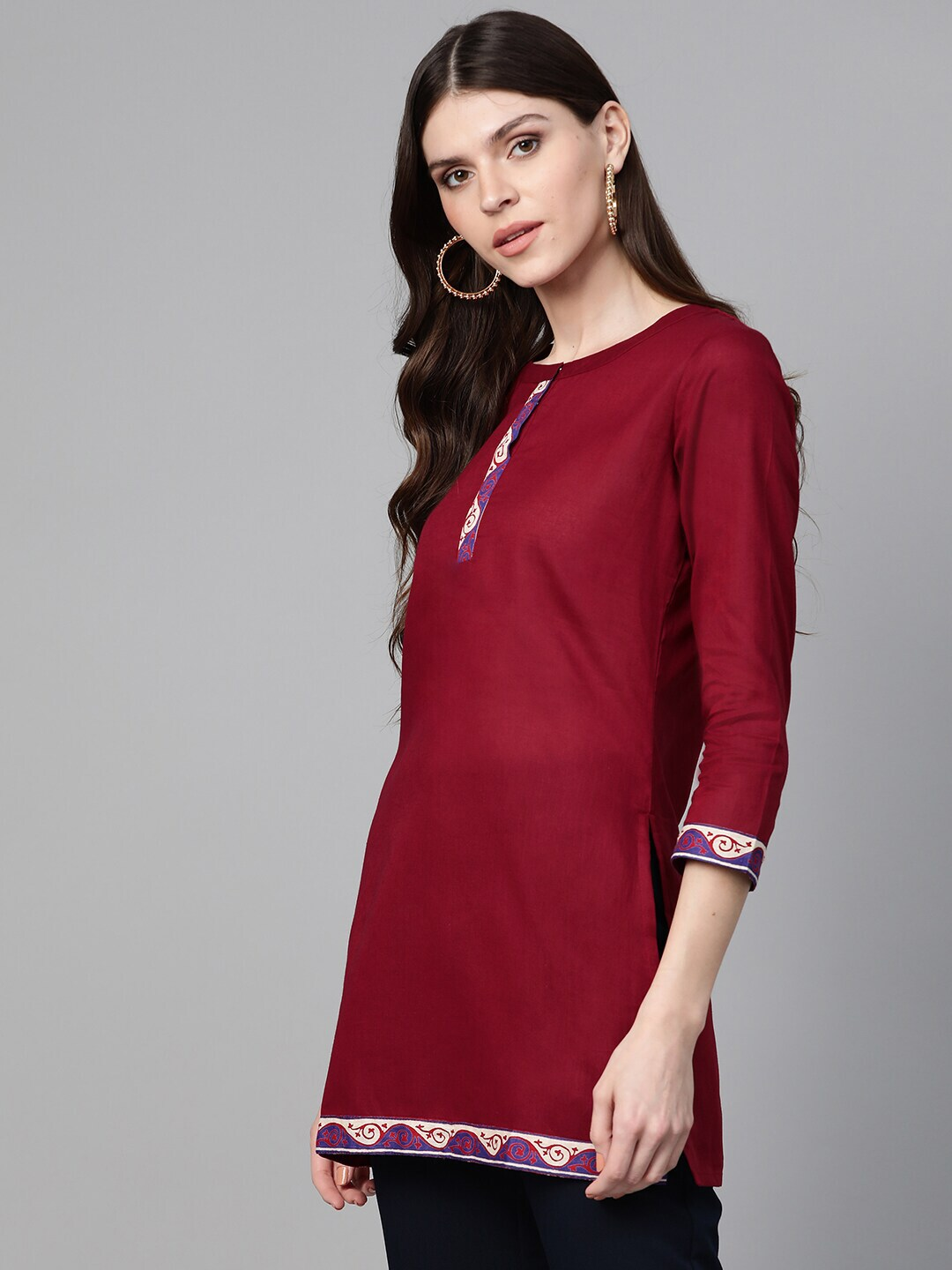 Women's  Maroon Solid Tunic With Printed Tapings - Wahe-NOOR