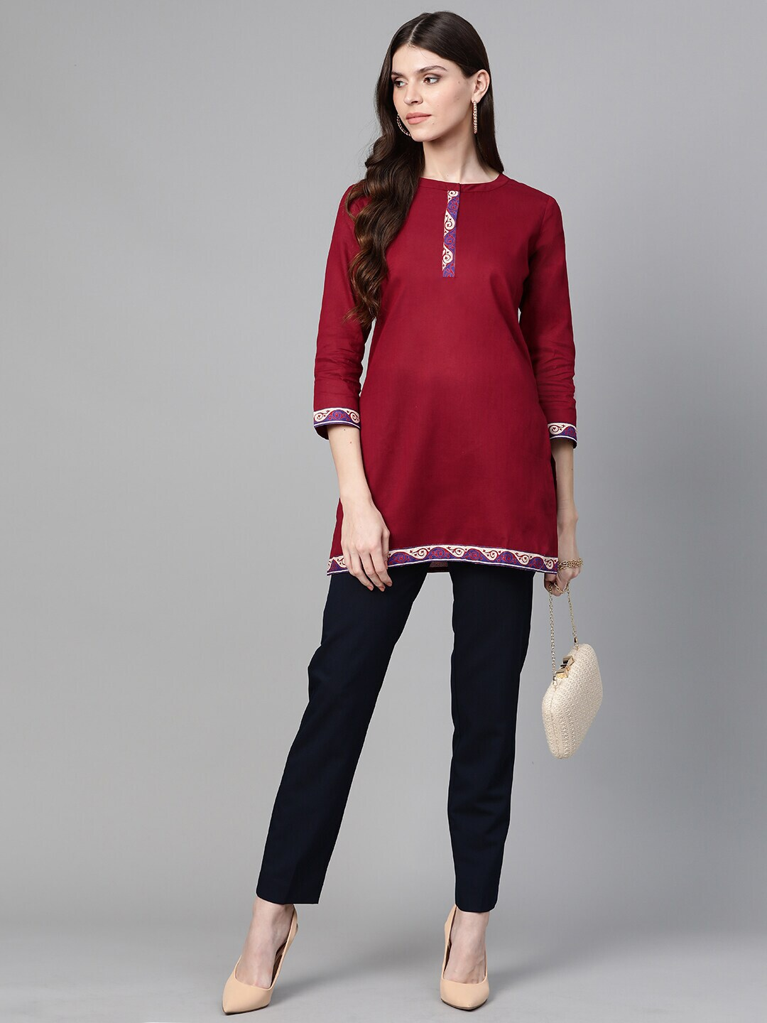 Women's  Maroon Solid Tunic With Printed Tapings - Wahe-NOOR