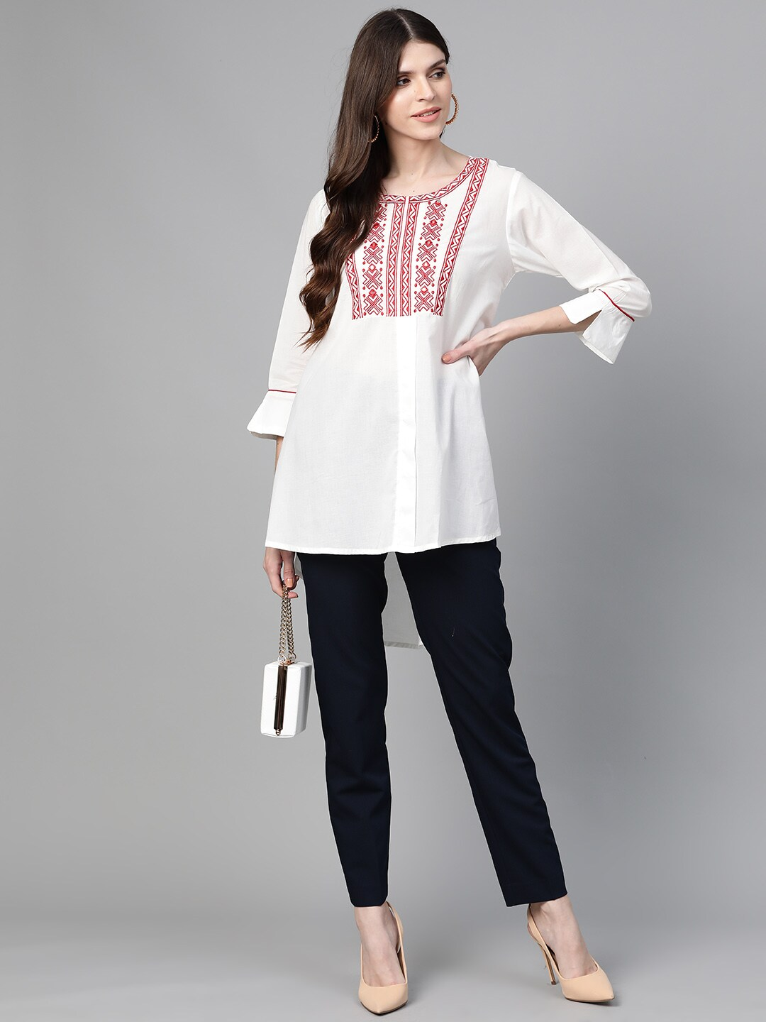 Women's  White & Red Embroidered High-Low Tunic - Wahe-NOOR