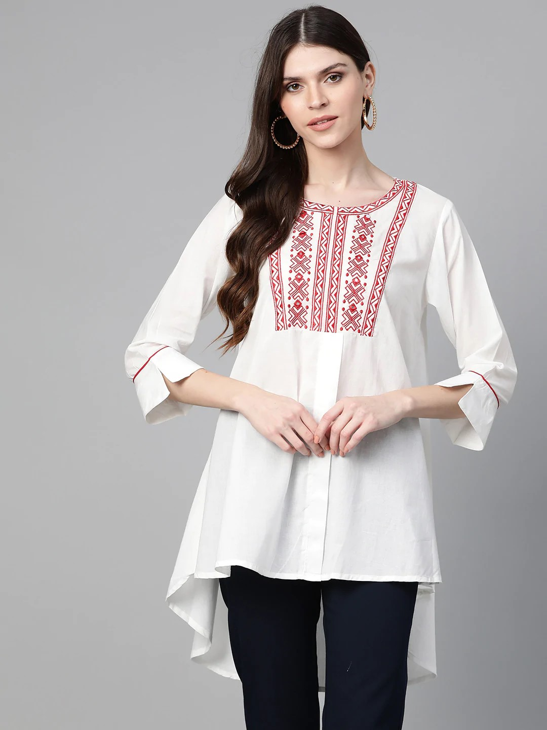 Women's  White & Red Embroidered High-Low Tunic - Wahe-NOOR