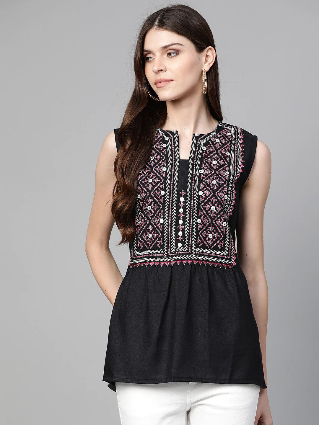 Women's  Black & Pink Embroidered Tunic - Wahe-NOOR