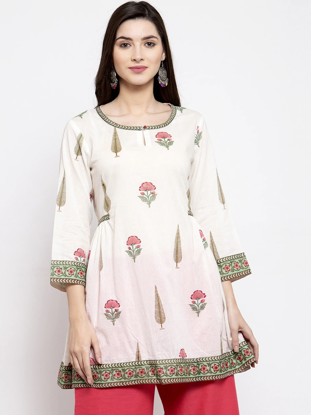 Women's  Off-White & Green Printed Tunic - Wahe-NOOR