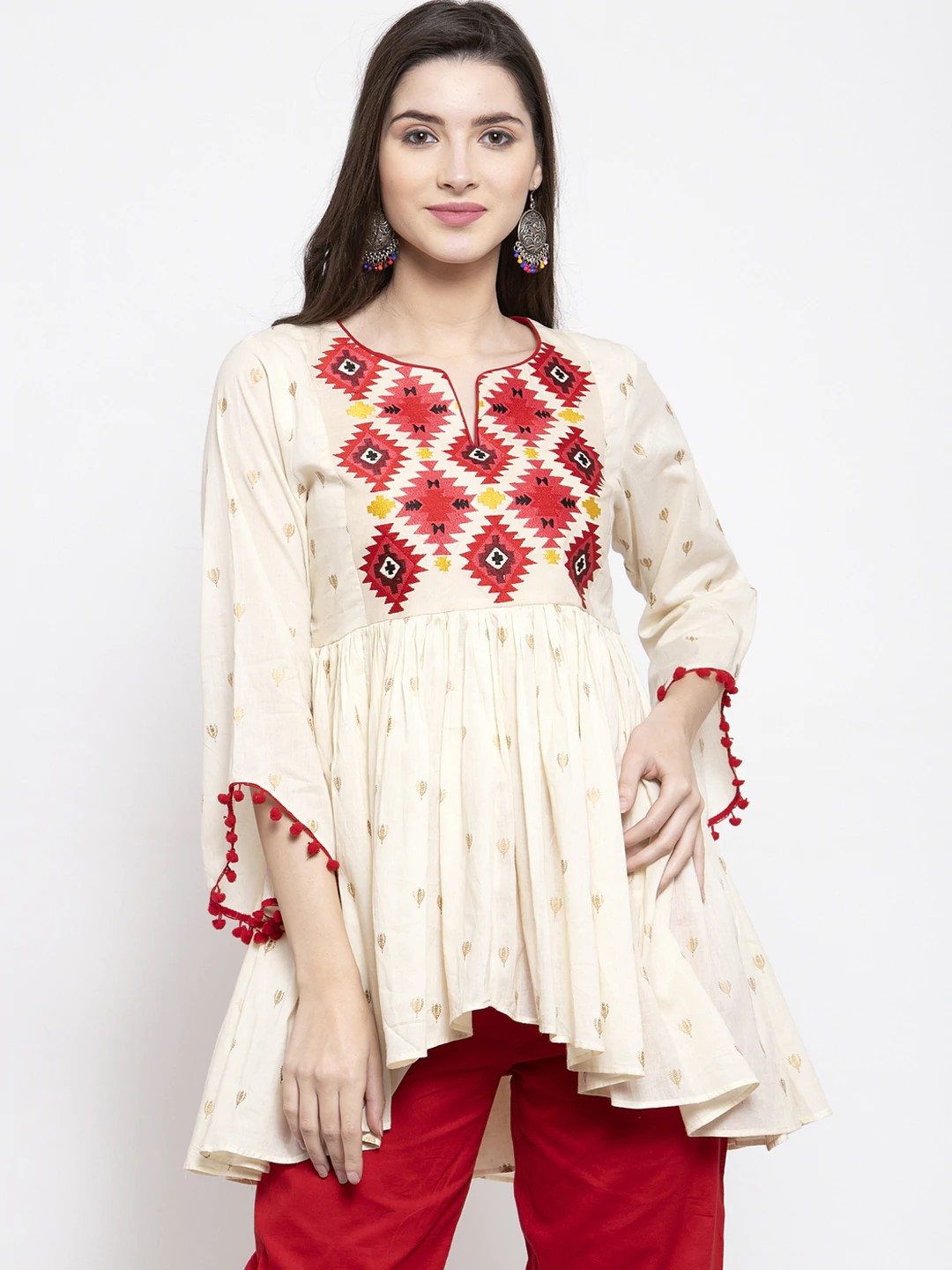 Women's  Off-White & Red Printed Tunic - Wahe-NOOR