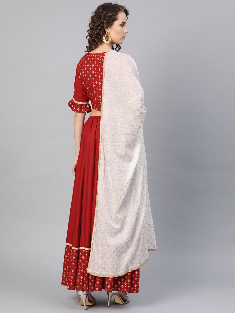 Women's  Maroon Solid Lehanga Choli With Dupatta
