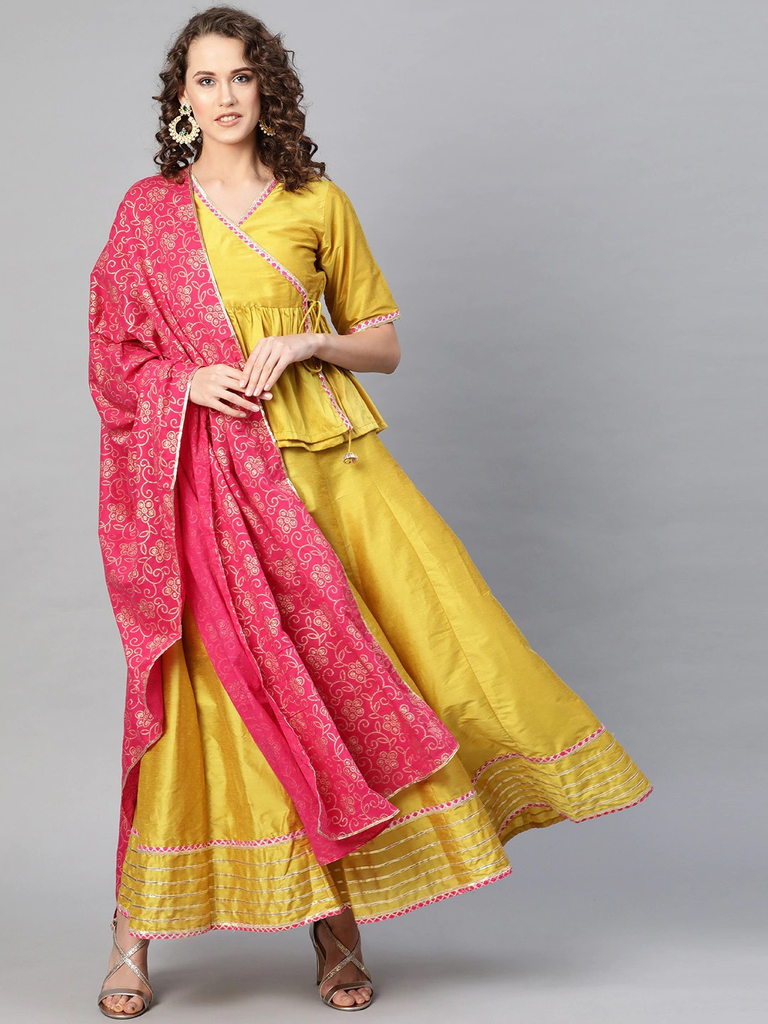 Women's  Mustard Yellow & Pink Solid Lehanga Choli With Dupatta