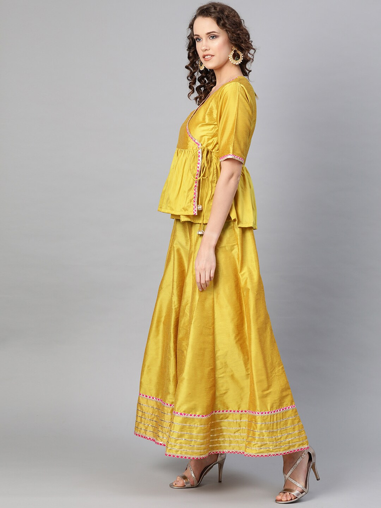 Women's  Mustard Yellow & Pink Solid Lehanga Choli With Dupatta