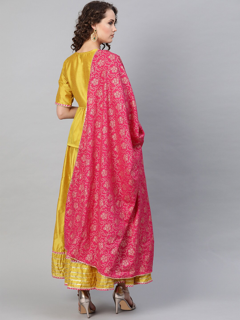 Women's  Mustard Yellow & Pink Solid Lehanga Choli With Dupatta