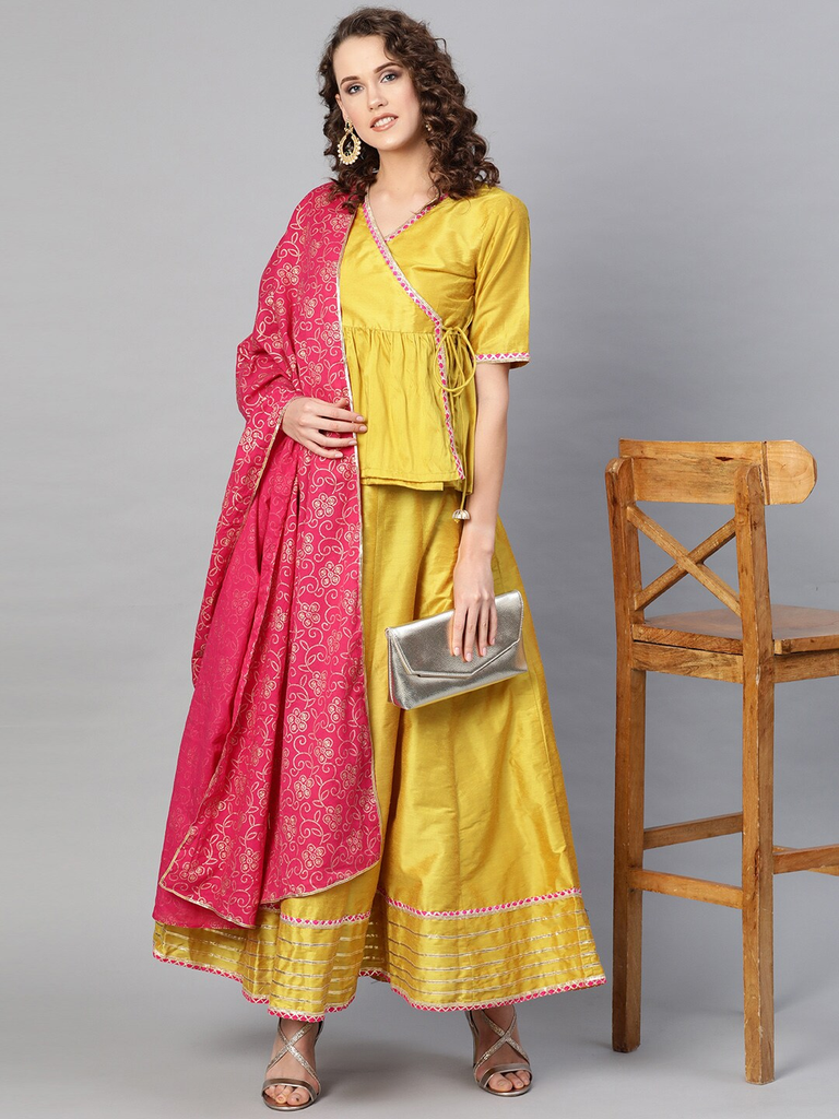Women's  Mustard Yellow & Pink Solid Lehanga Choli With Dupatta