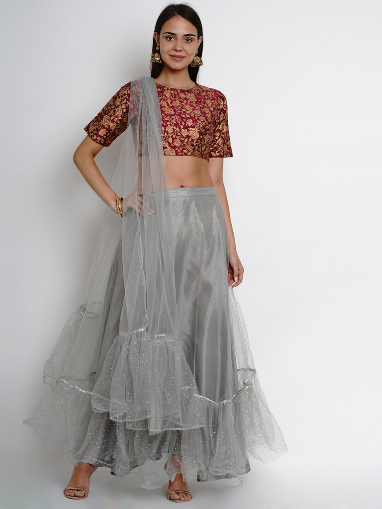 Women's  Purple & Grey Printed Ready To Wear Lehenga & Blouse With Dupatta