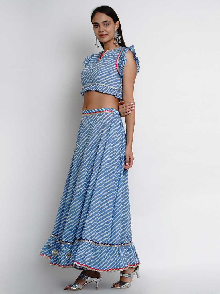 Women's  Blue & Red Printed Ready To Wear Lehenga & Blouse With Dupatta