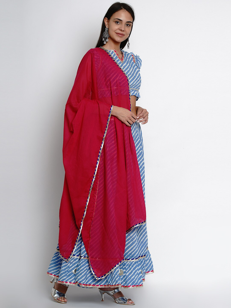 Women's  Blue & Red Printed Ready To Wear Lehenga & Blouse With Dupatta
