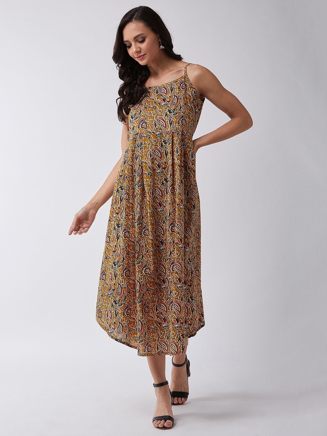 Women's Mustard Kalamkari Jaal Print Strappy Dress - InWeave