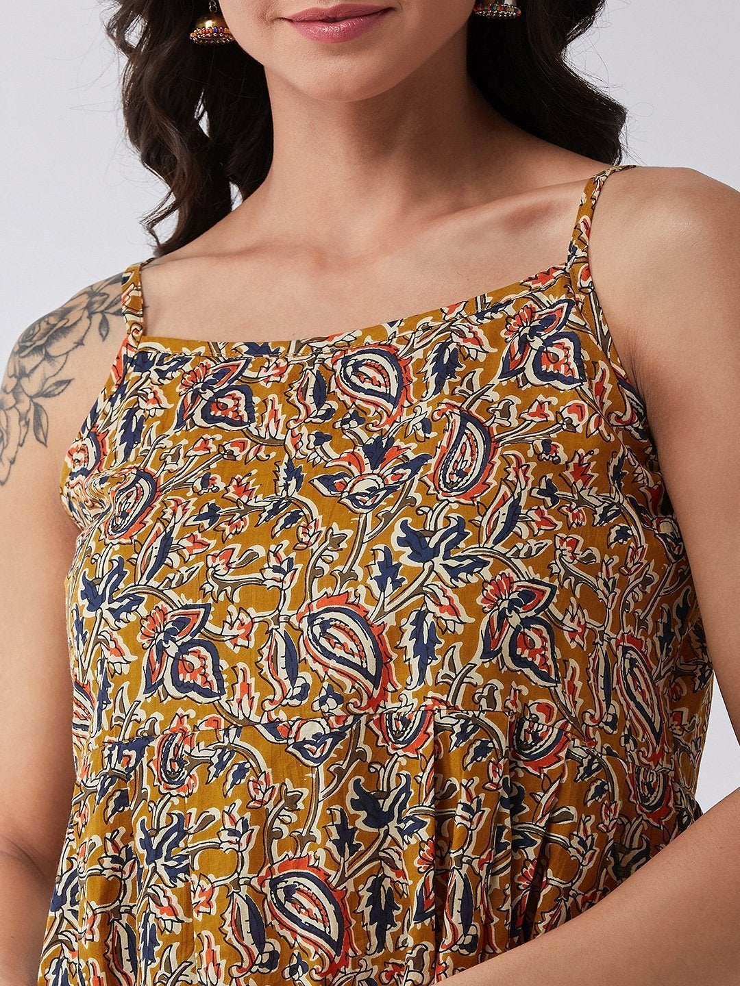 Women's Mustard Kalamkari Jaal Print Strappy Dress - InWeave