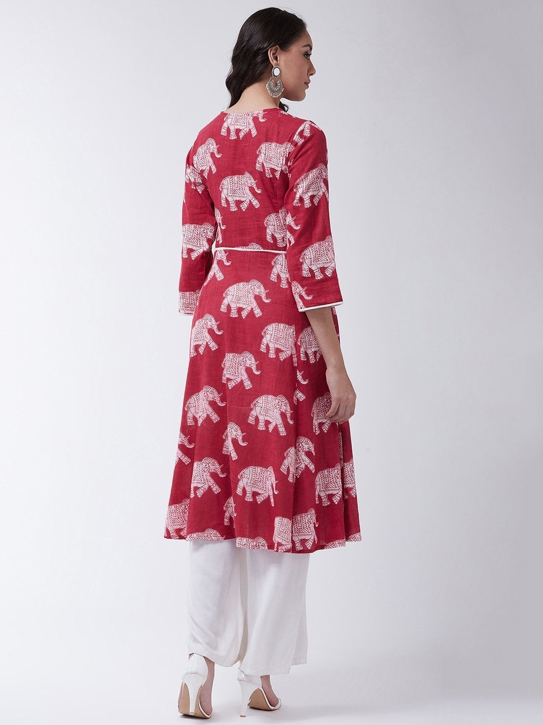 Women's Red Kalamkari Elephant Print Kurta - InWeave