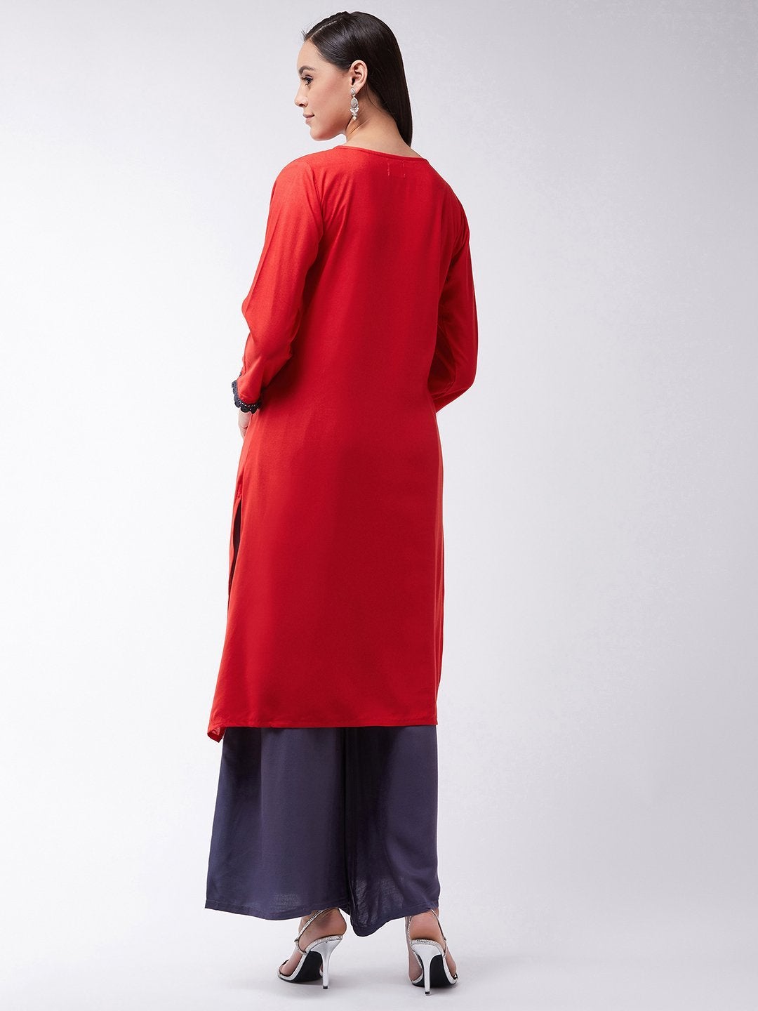 Women's Red Kurta With Grey Lace - InWeave