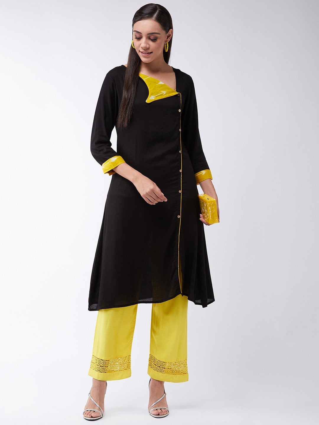 Women's Black Kurta With Elegant Yellow Collar - InWeave
