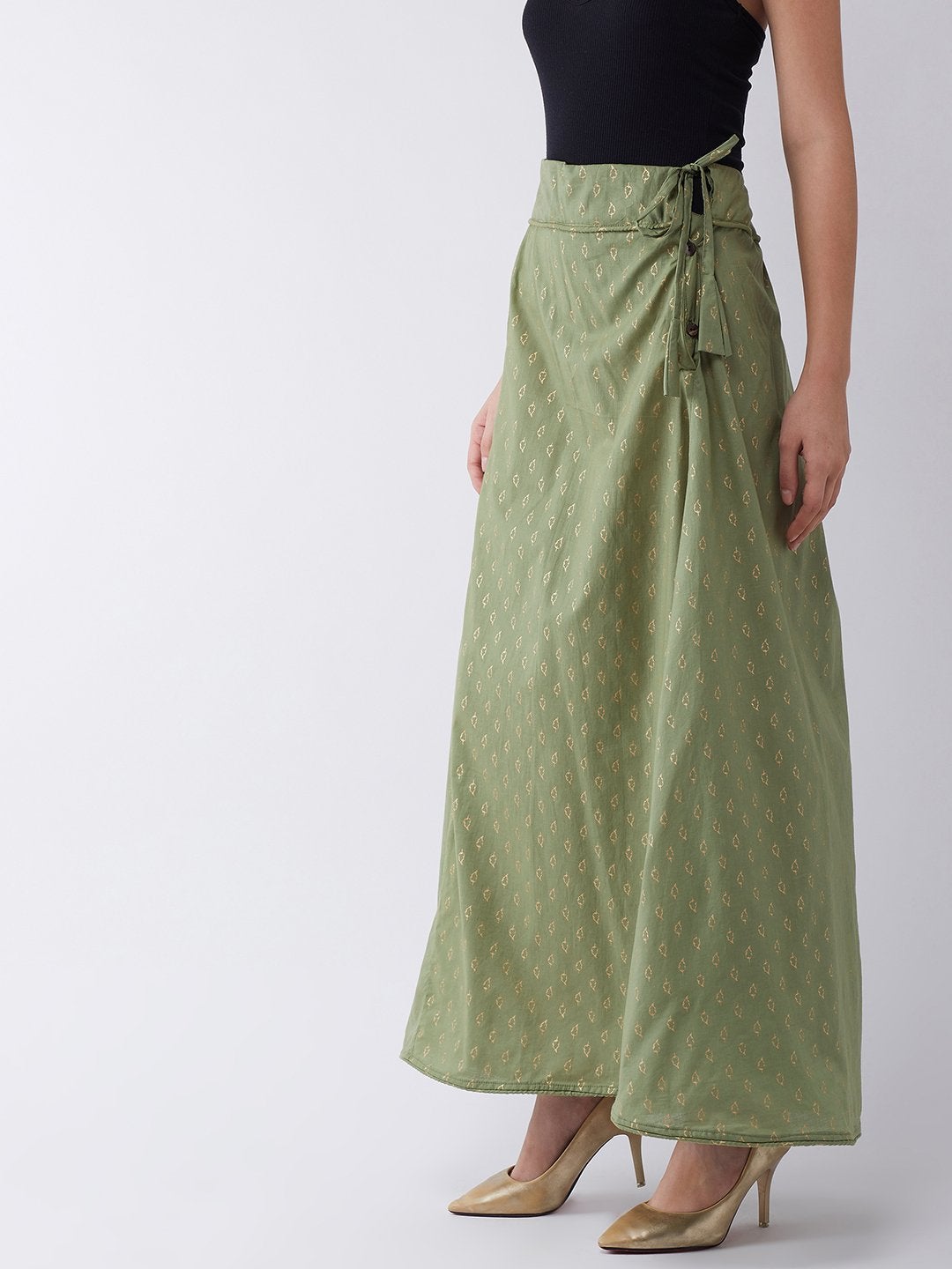 Women's Green Gold Leaf Print Skirt - InWeave