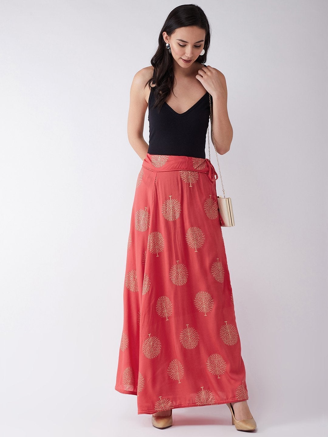 Women's Red Gold Print Skirt - InWeave