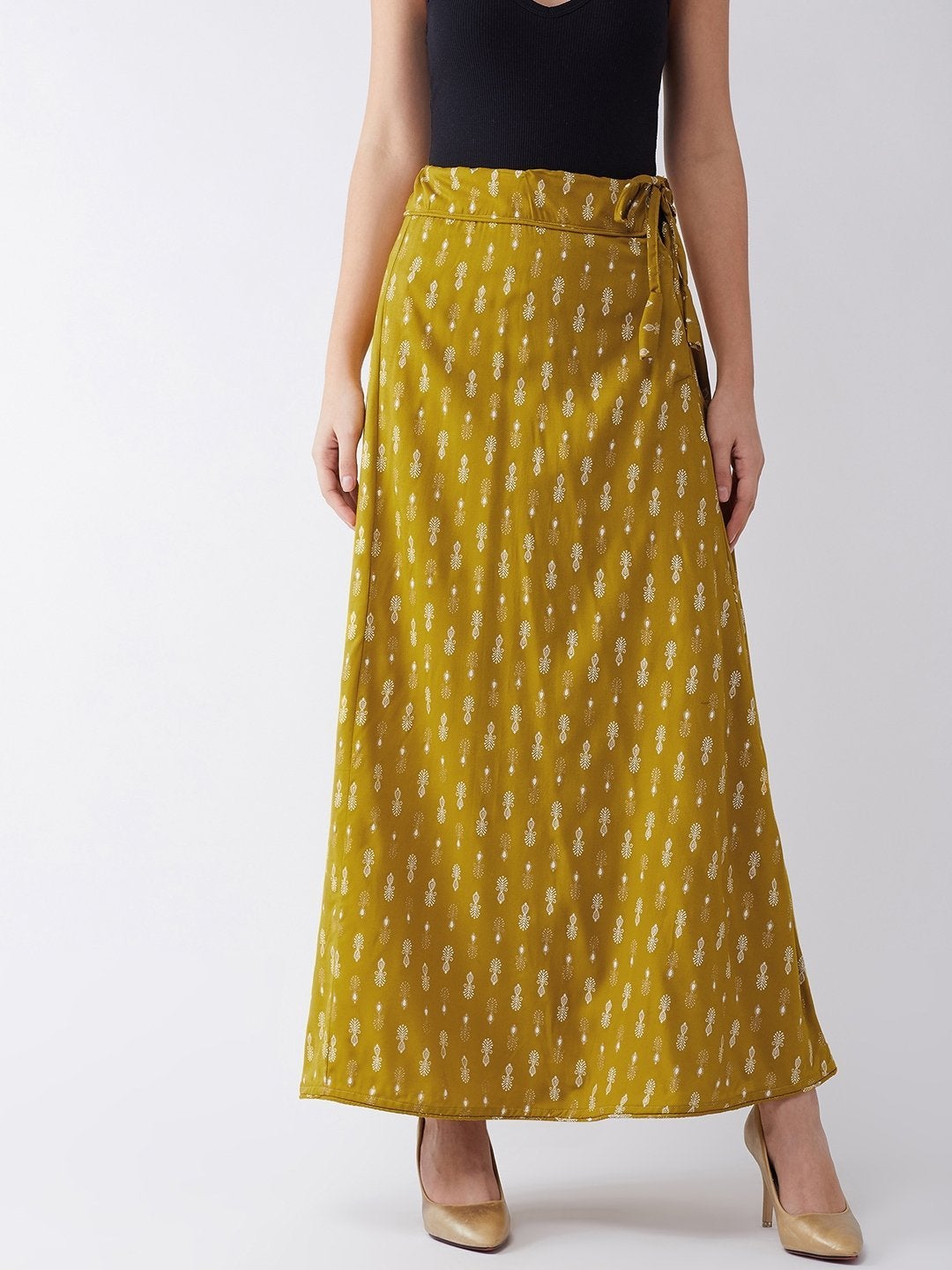 Women's Mustard White Print Skirt - InWeave