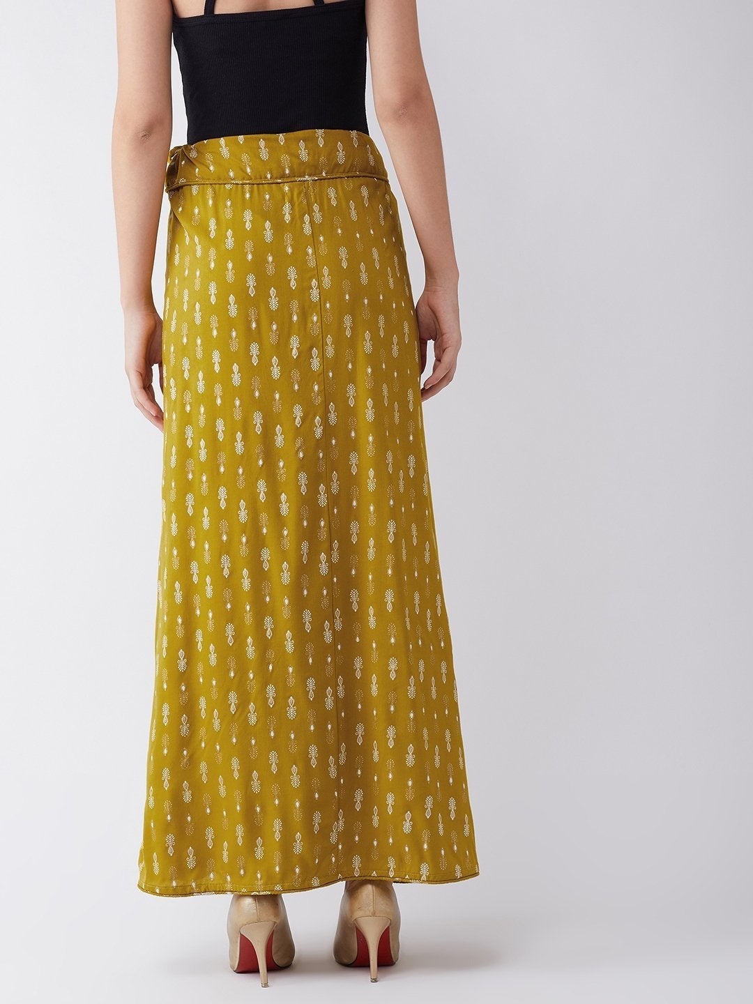 Women's Mustard White Print Skirt - InWeave