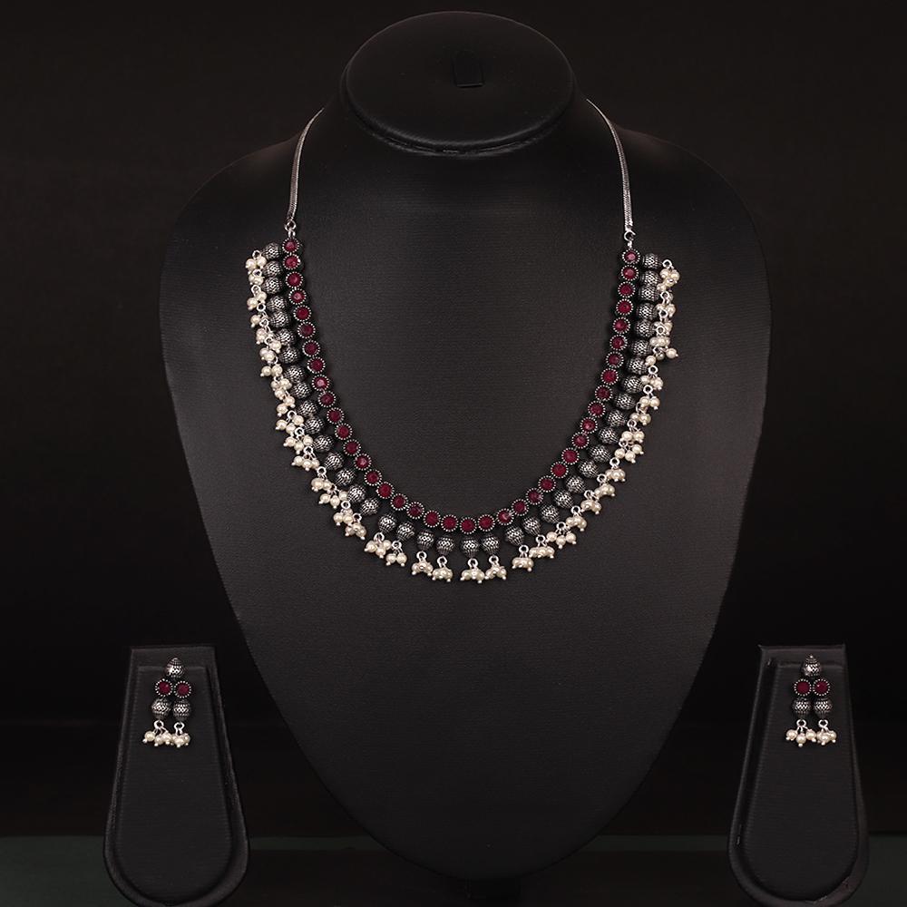 Women's Maroon Stonework Necklace Set In German Silver With Beads - InWeave