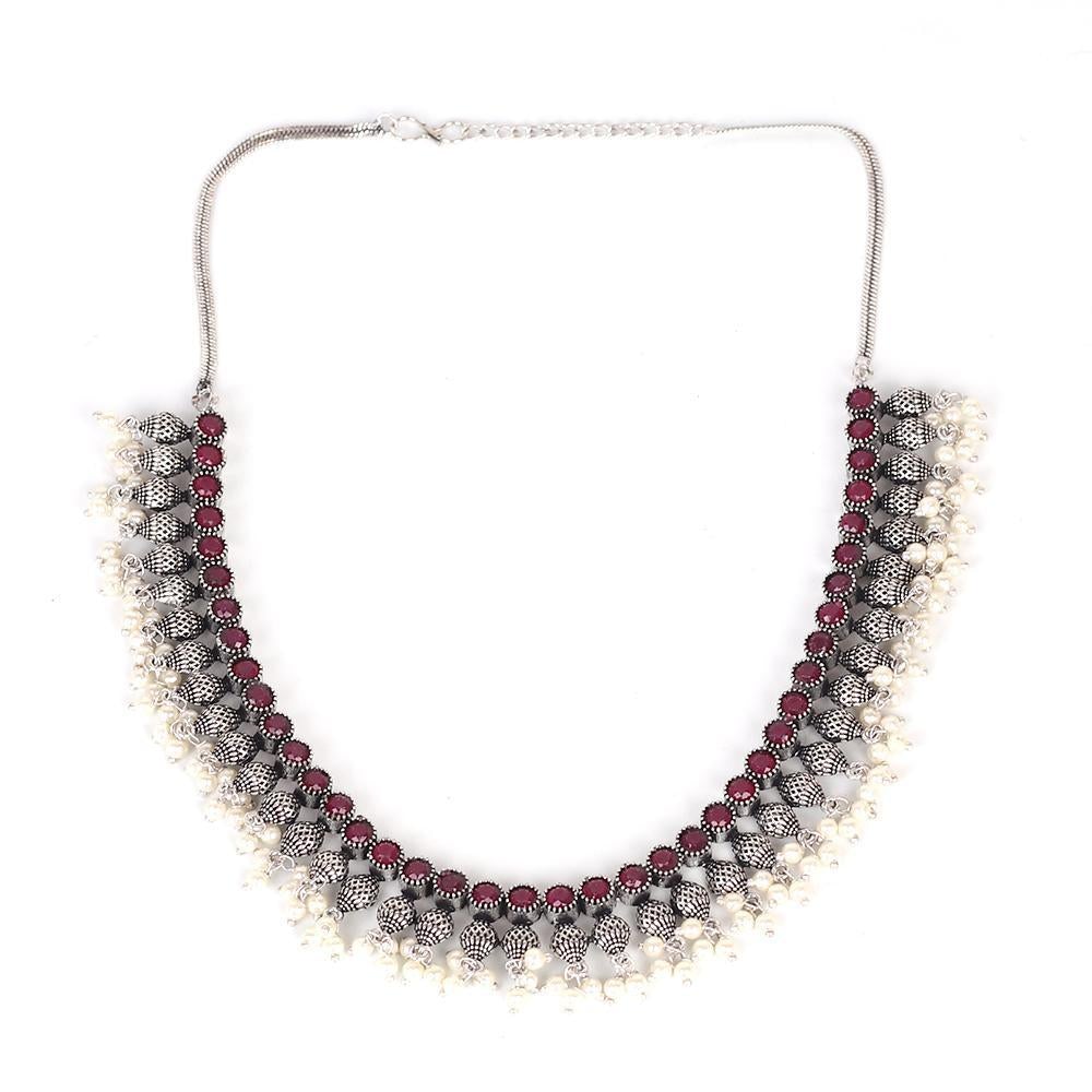Women's Maroon Stonework Necklace Set In German Silver With Beads - InWeave