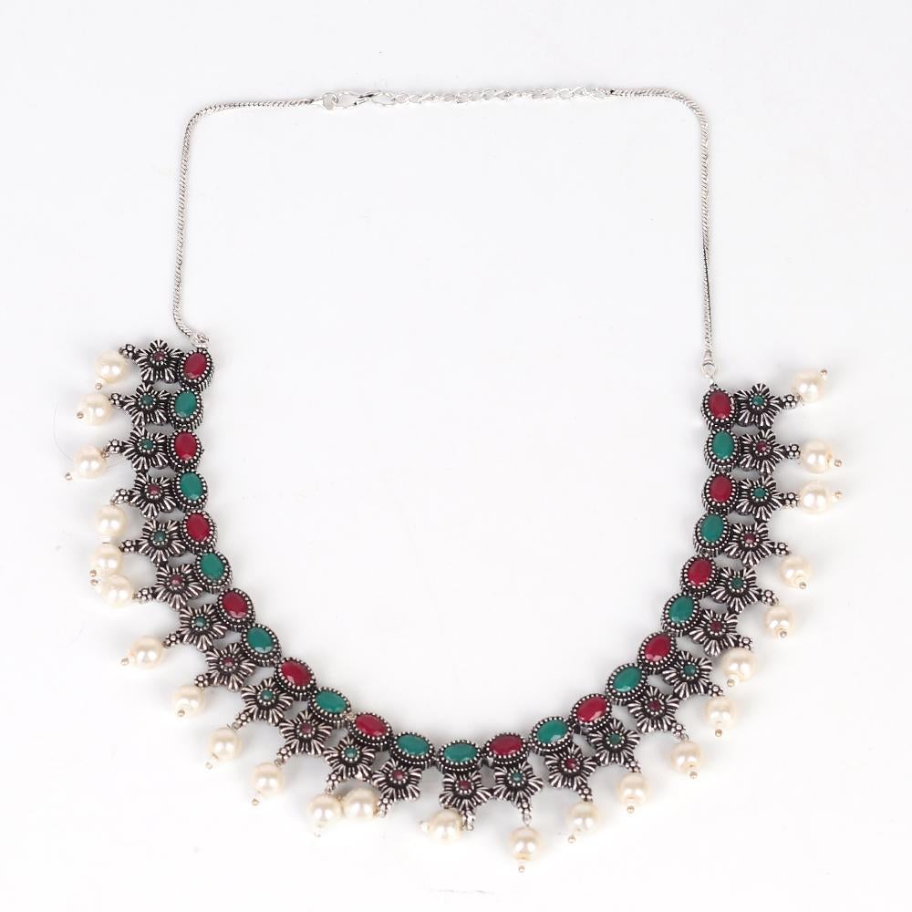 Women's Intricate Stone Studded Oxidised Necklace Set In Red & Green - InWeave