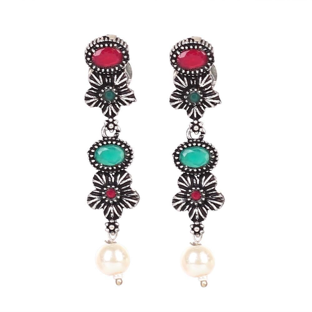 Women's Intricate Stone Studded Oxidised Necklace Set In Red & Green - InWeave