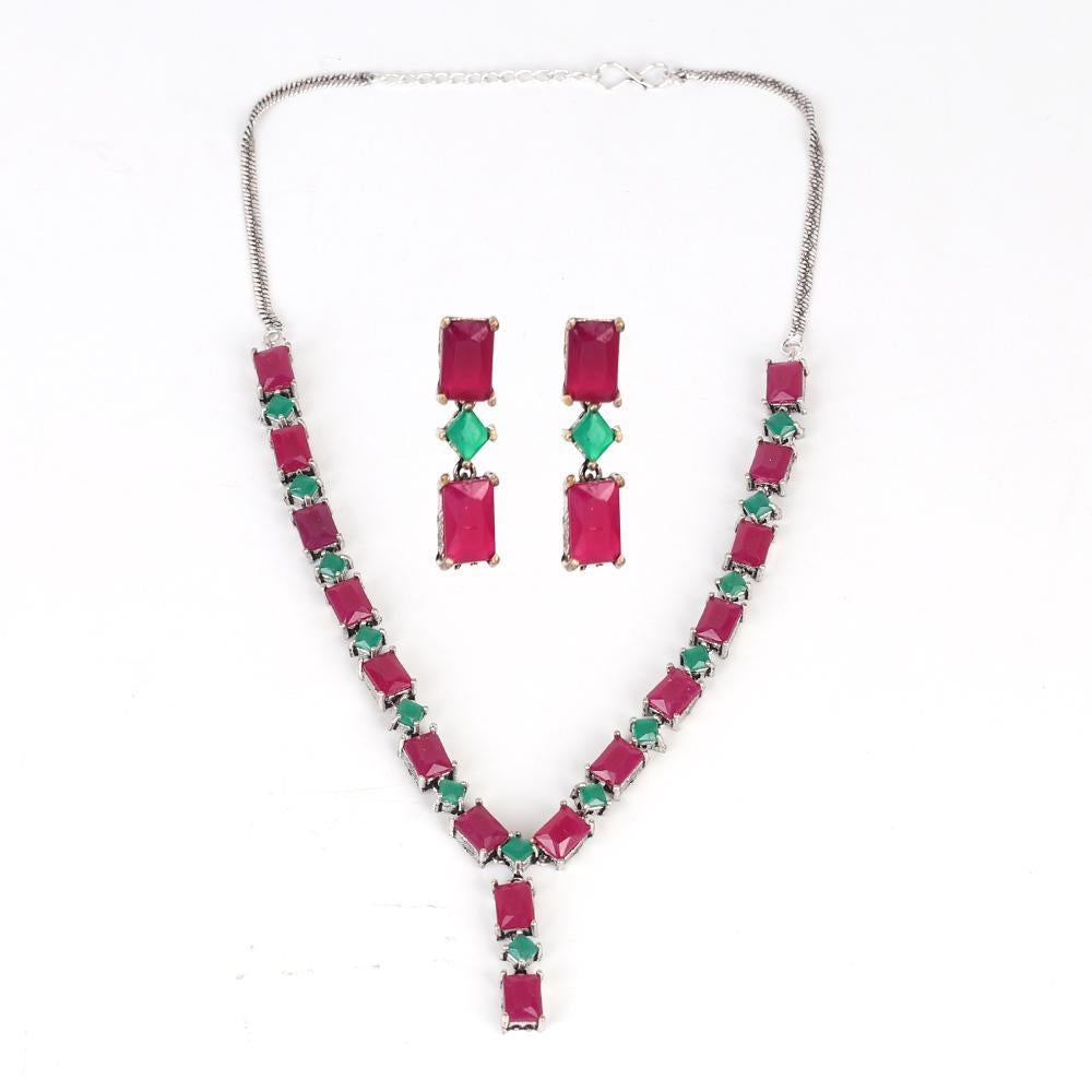 Women's Oxidised Necklace Set In Red And Green - InWeave