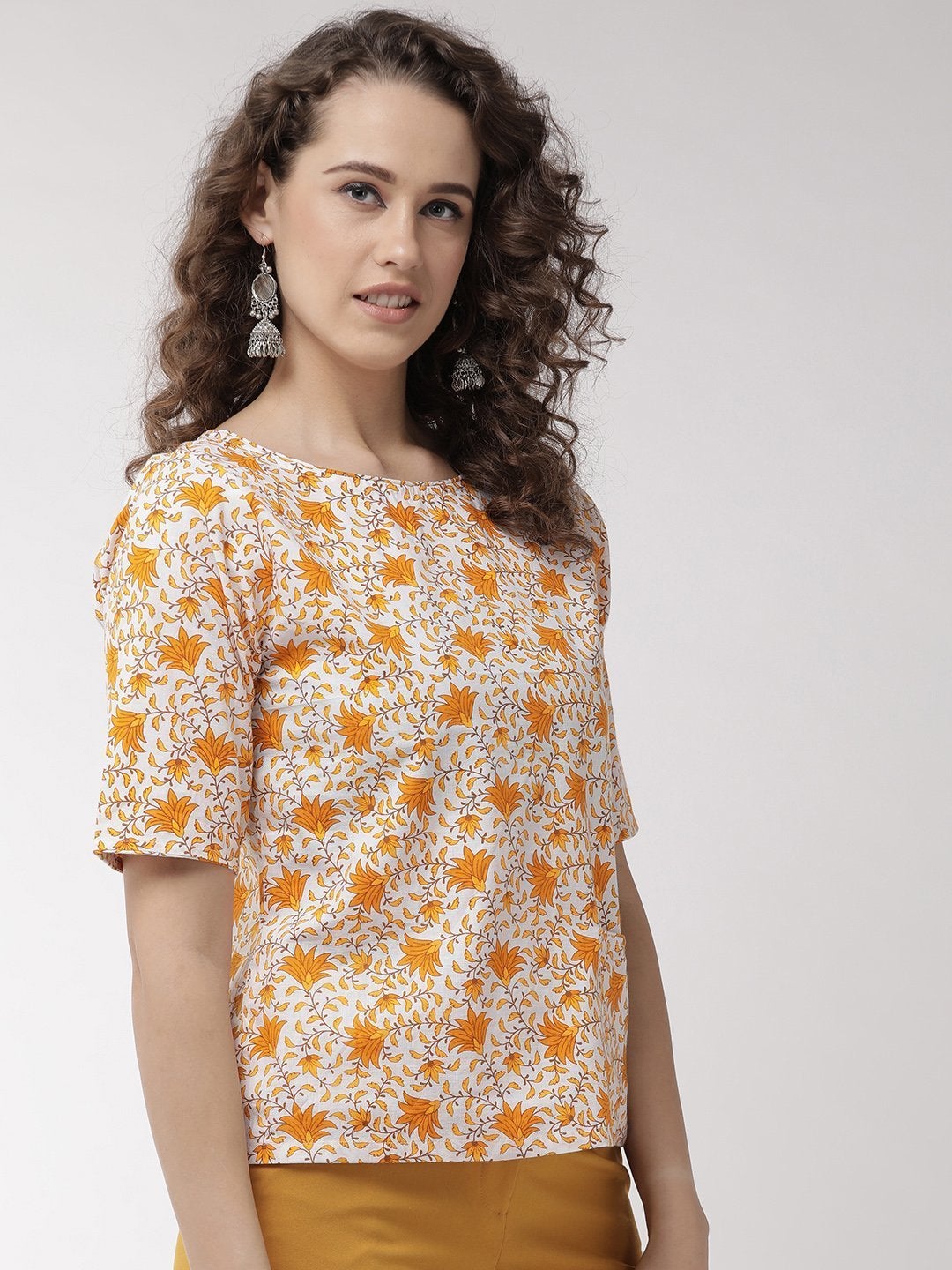 Women's White And Yellow Floral Top - InWeave