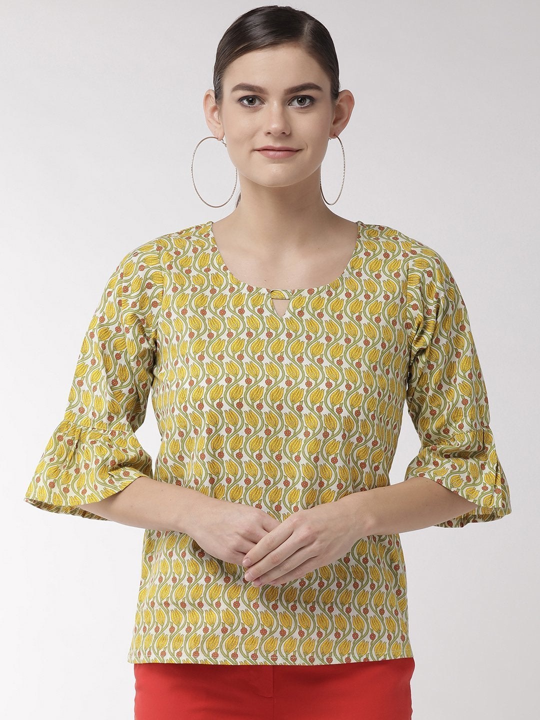 Women's Yellow Floral Bell Sleeves Top - InWeave