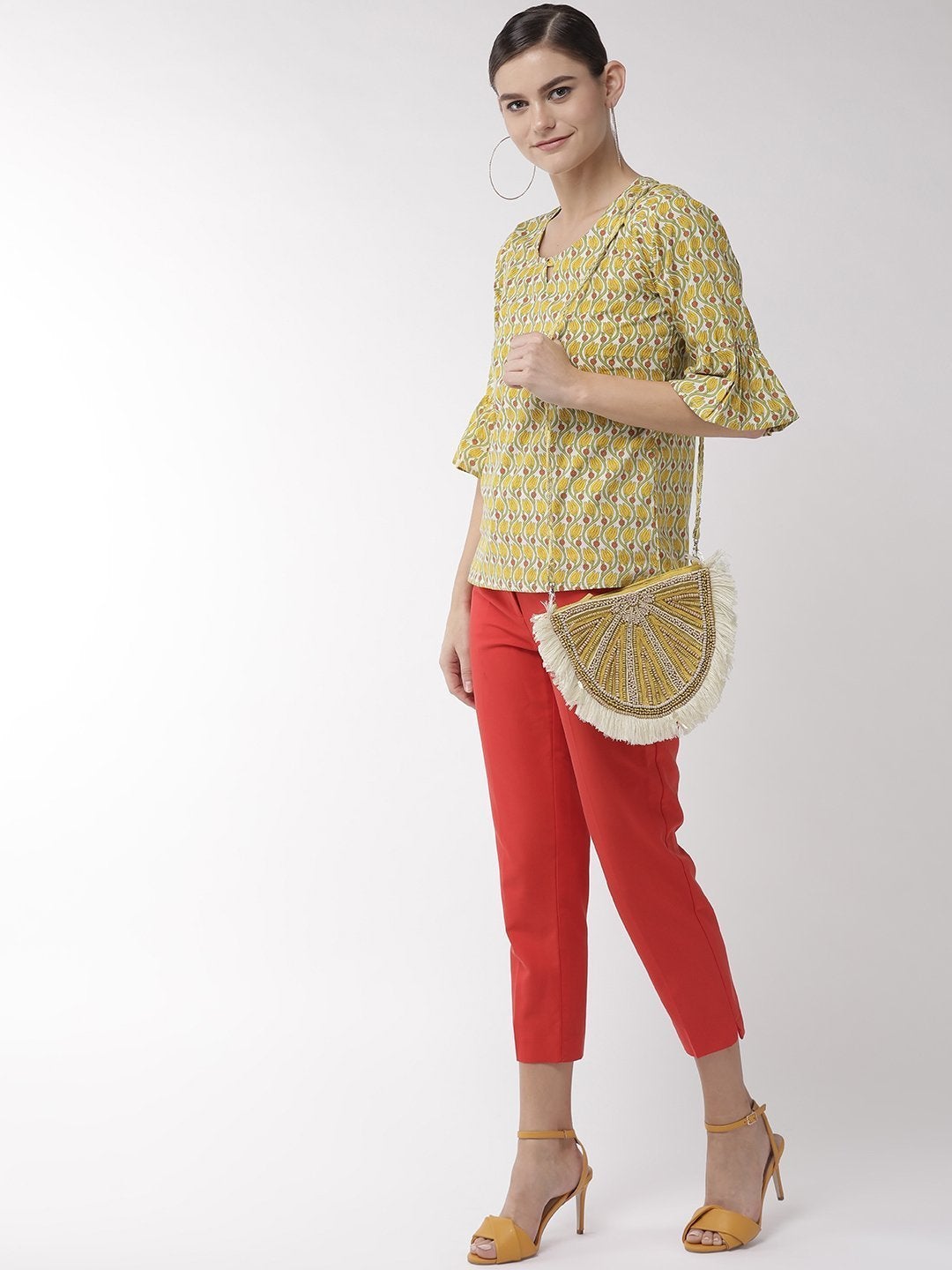 Women's Yellow Floral Bell Sleeves Top - InWeave