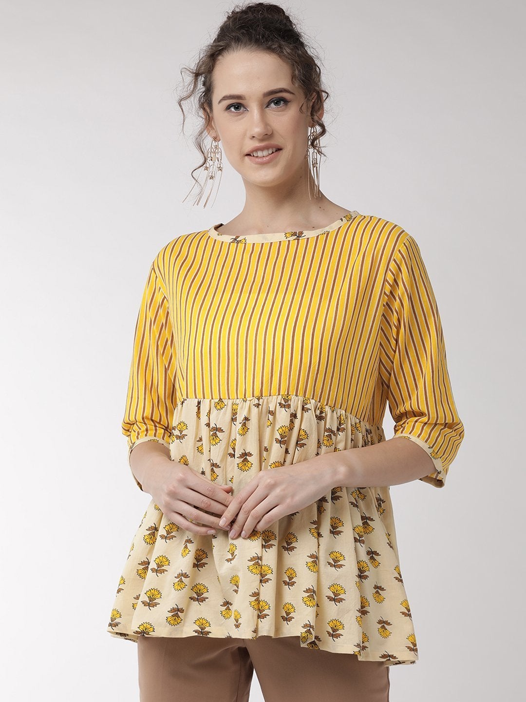 Women's Yellow Stripes Peplum Top - InWeave