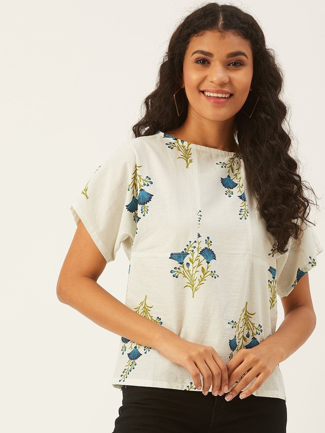 Women's White Top With Blue Floral Print - InWeave