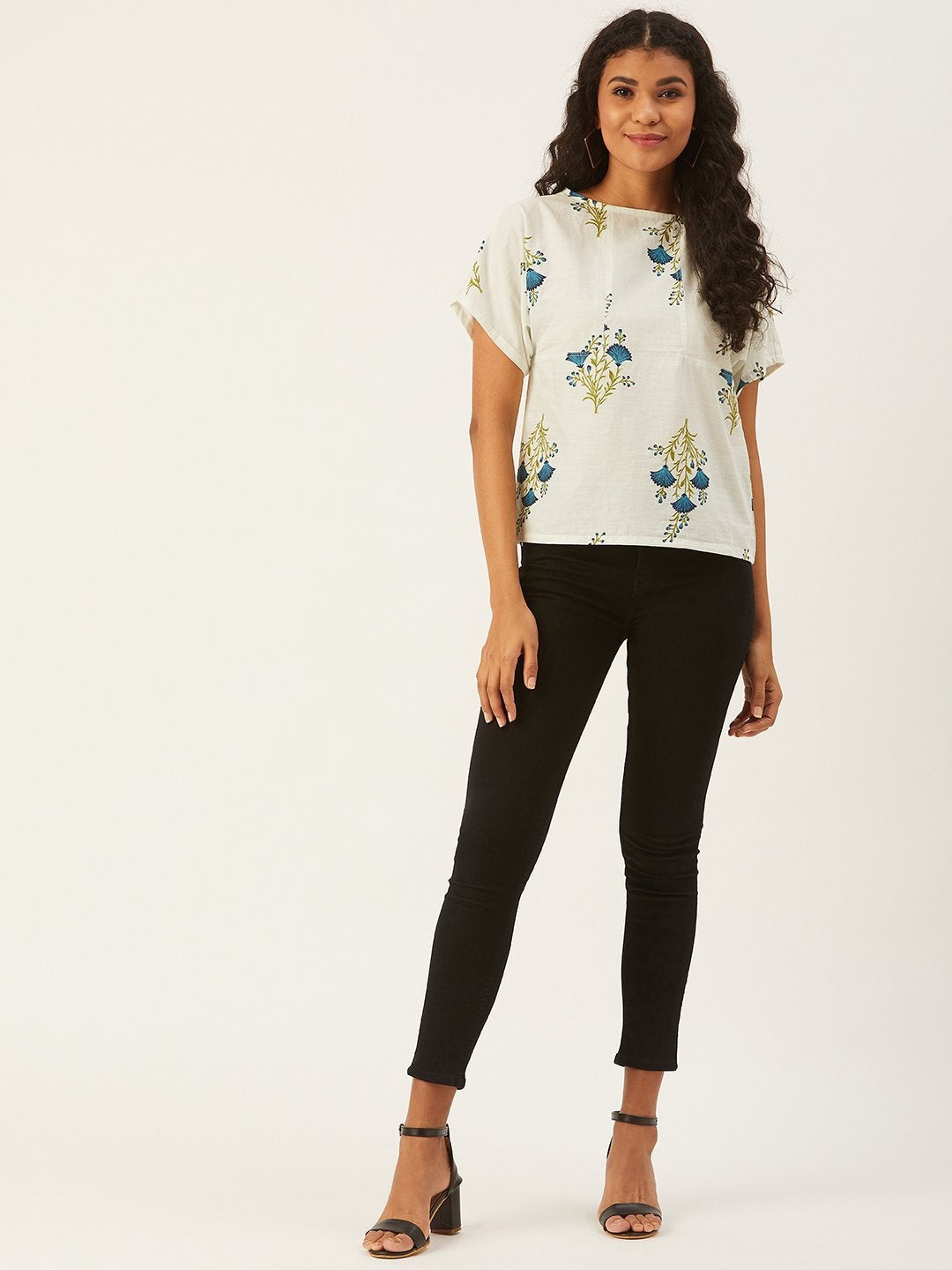 Women's White Top With Blue Floral Print - InWeave