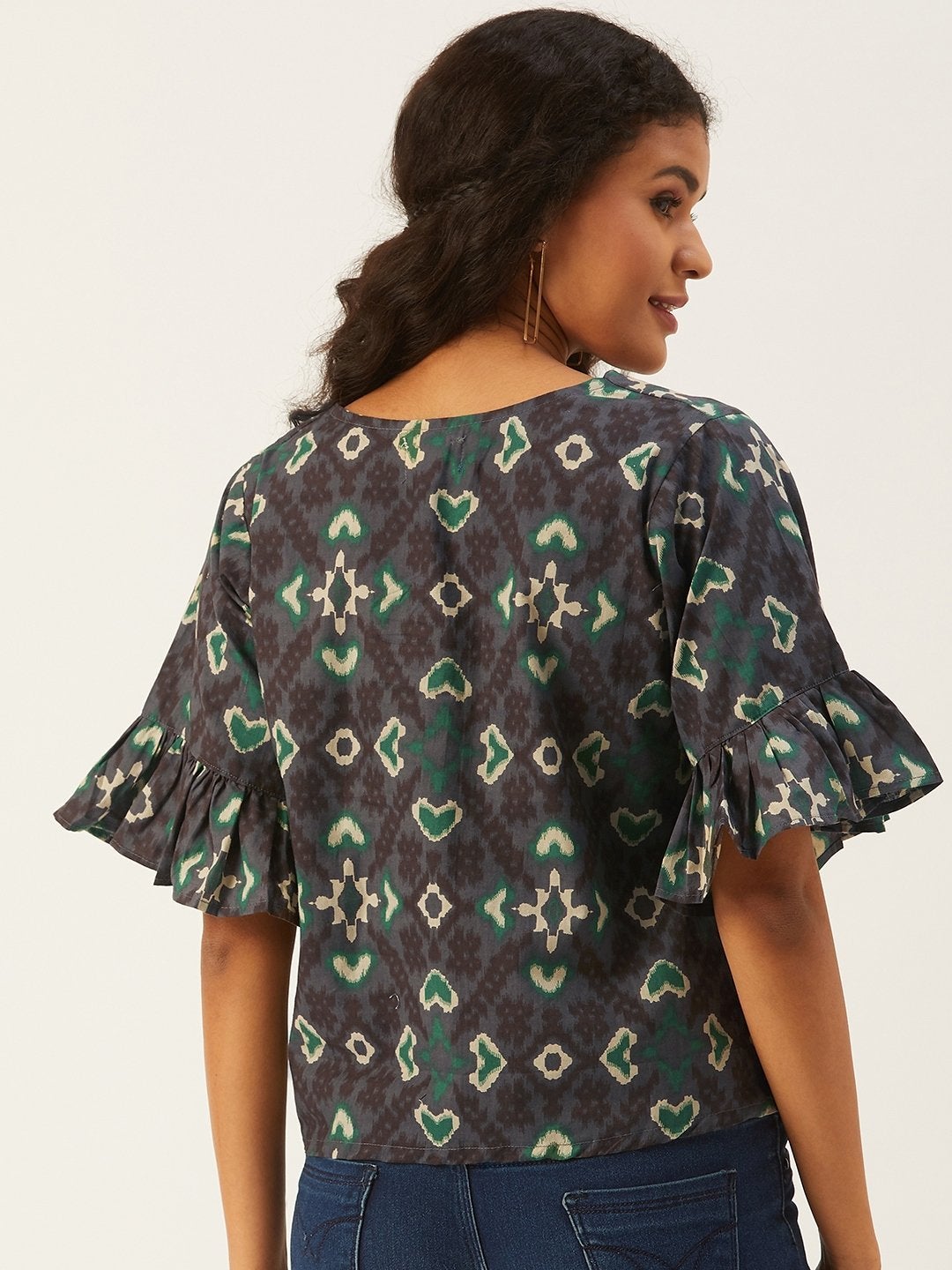 Women's Grey-Green Top  With Frill Sleeve - InWeave